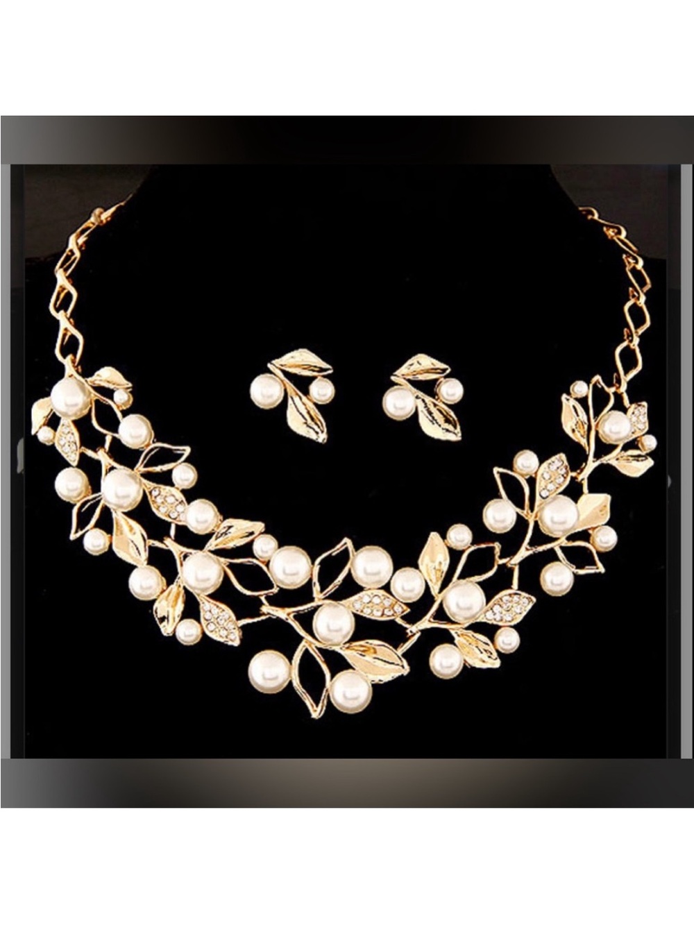Gold Pearl Leaf Necklace Earring Set - Elegant Women Jewelry FINAL PRICE DROP